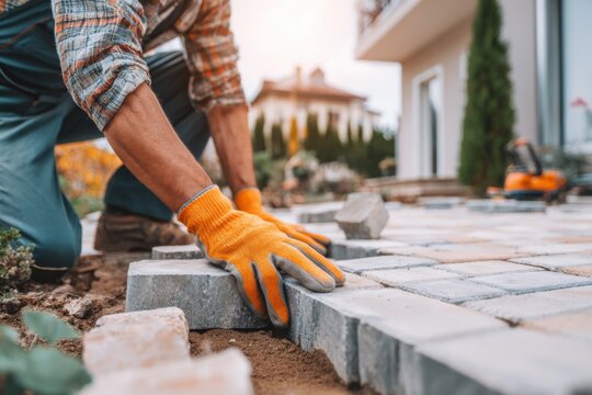 A landscaper installs interlocking paving stones on soil in a backyard for a patio project in the evening light