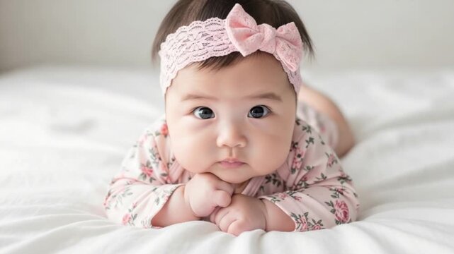 A baby girl wearing a pink bow on her head lying on a white bed or mattress looking at the camera