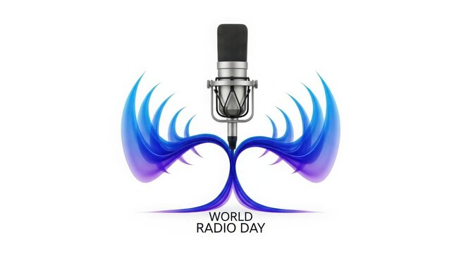 World Radio Day concept illustration with vintage studio microphone and abstract blue sound waves isolated on white