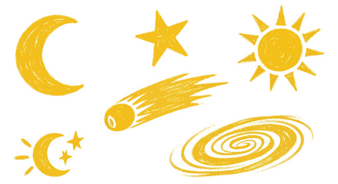 Collection of Celestial Objects and Cosmic Phenomena Hand Drawn Style.