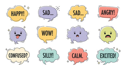 Collection of colorful speech bubbles with various emotions and expressions.