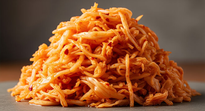 Translucent fermented cabbage in a vibrant orange hue, showcasing silky strands and a glossy appearance 