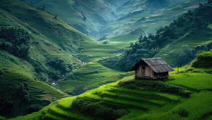 Lush green terraced rice paddies, a small rustic hut nestled atop a hill