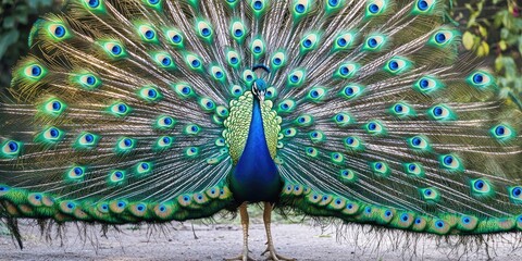 Obraz premium A vibrant peacock with its feathers spread out, showcasing its intricate patterns and colors against a natural background.