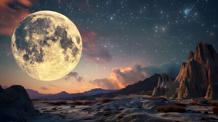 Title: Large Full Moon Rising Over Mountain Landscape
