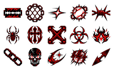 Aggressive Y2K Cybercore Dark Graphic Element Kit for Streetwear Apparel and Edgy Branding Designs