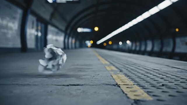 Crumpled paper blowing across a subway platform