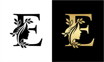 Elegant Letter E Logo with Woman Face and Botanical Elements.