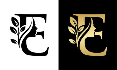 Elegant Letter E Logo with Womans Face and Leaf Design.