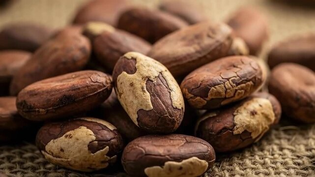 Closeup journey through raw cocoa beans on textured burlap background