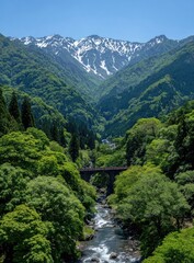 Lush valley, snow-capped mountains, bridge