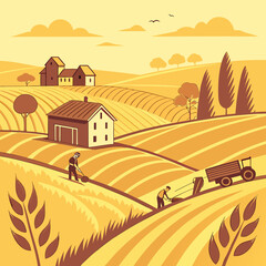 Fototapeta premium Golden Harvest Season Village Landscape with Working Farmers