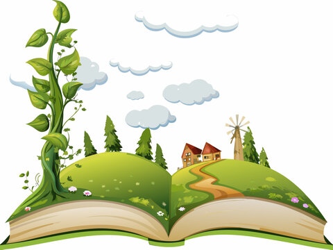 An open storybook depicts a whimsical landscape with rolling hills and a cottage
