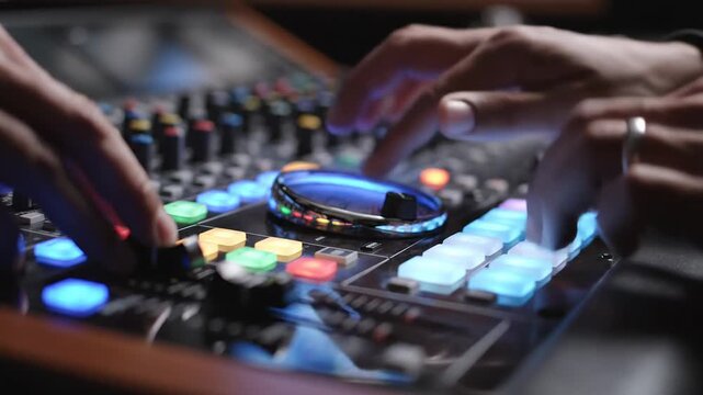 DJ hands mixing music on a glowing DJ controller with colorful buttons and lights