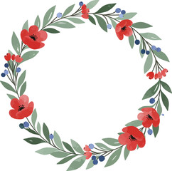 Naklejka premium Watercolor floral wreath with red flowers and green leaves on white background