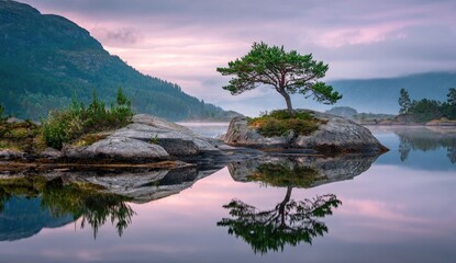 Misty lake sunrise, lone tree on rock