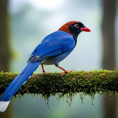 Obraz premium Vibrant close-up of Sri Lankan blue magpie highlighting colorful feathers, rainforest mood, and rare endemic bird beauty.