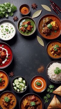 Overhead flat lay of an elaborate Indian feast; diverse curries, rice, naan bread, spices, vibrant colors, culinary presentation, traditional cuisine, rich flavors.

