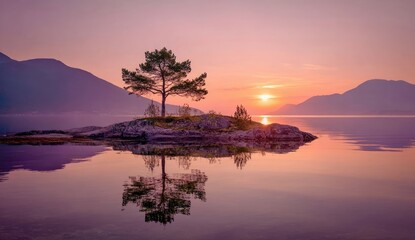 Serene sunrise over tranquil lake with lone pine tree
