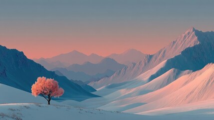 Pink tree in snowy desert valley, pastel mountains
