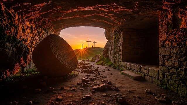 Stone rolled away from tomb, view of three crosses, sunset light