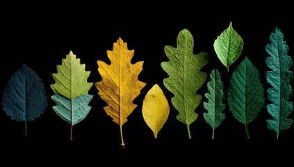 Colorful leaves in various shades against black