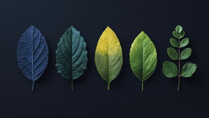Five leaves in varying stages of color and growth, displayed against a dark backdrop