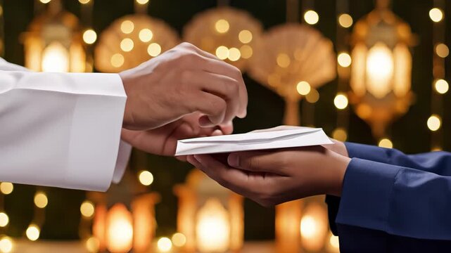 Hand giving white envelope to another hand charity concept