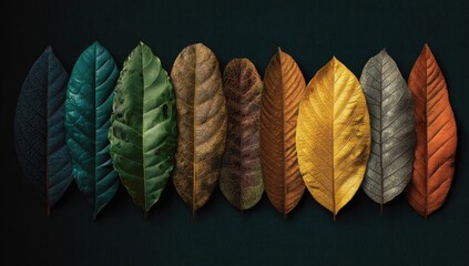 Colorful leaves in a horizontal row, various shades