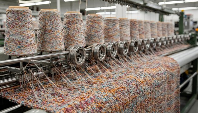 Medium angle capturing melange yarn cones on creel connected to multiple knitting heads highlighting the intricate mix of dyed fibers producing variegated fabric textures.