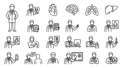 Fototapeta premium Outline Doctor Medical Character Line Icons Isolated on White