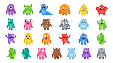 Obraz premium Flat Cartoon Monster Icon Set � 24 Cute Fantasy Creature Characters Isolated