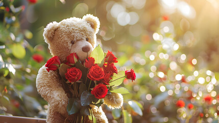 Title: Teddy Bear Holding Bouquet of Red Roses
