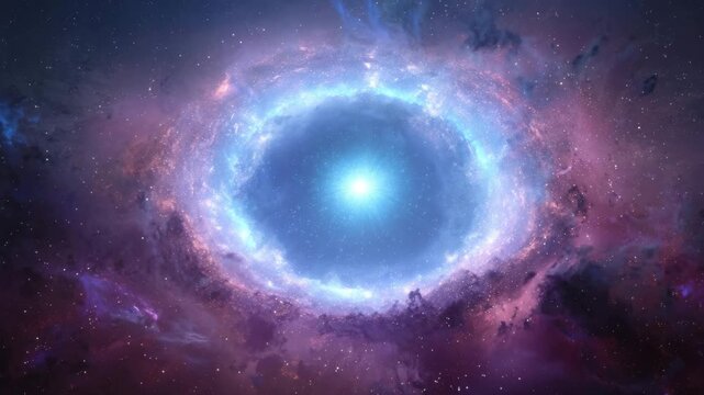 Luminous cosmic vortex with radiant galactic core and nebula clouds