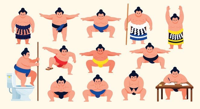 Flat design illustration of sumo wrestlers performing daily activities and traditional poses in vibrant colored mawashi