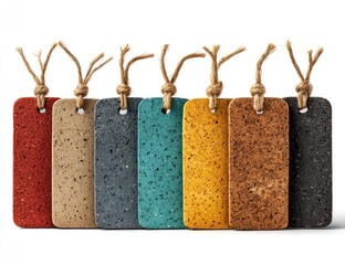 Six colorful, rectangular tags, tied with twine