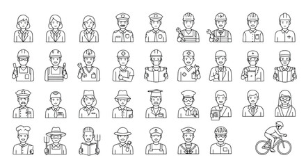 Obraz premium Collection of flat vector icons depicting male and female professionals across multiple industries and job roles with tools and uniforms