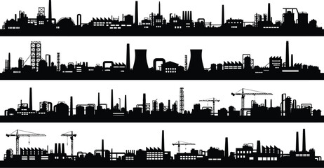 Obraz premium Set of four distinct black and white industrial factory silhouettes showcasing various construction elements power plants and manufacturing skylines for design projects