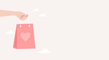 Female hand holding red shopping bag with heart, copy space. Flat vector illustration