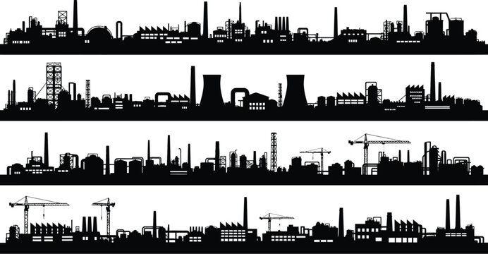 Set of four distinct black and white industrial factory silhouettes showcasing various construction elements power plants and manufacturing skylines for design projects