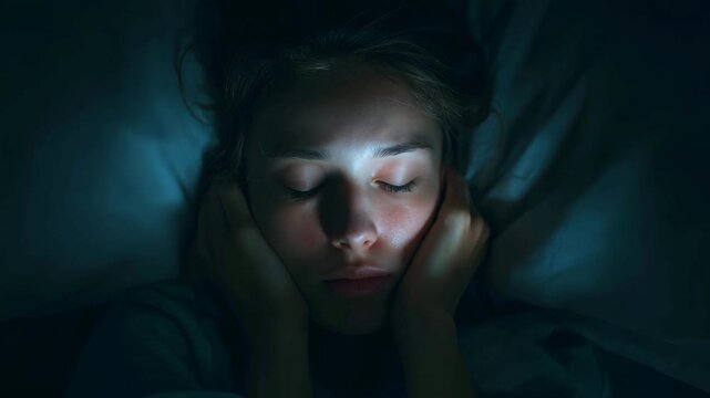 Anxious woman lying awake at night under dim light with worried expression