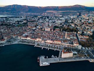 Fototapeta premium Split Town, Croatia, evening panorama - aerial drone view