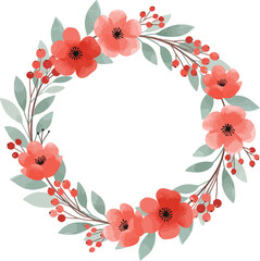 Vibrant coral poppy flower wreath with green leaves on white background