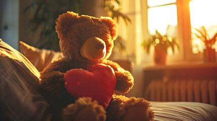 Title: Teddy Bear Holding Red Heart in Warm Golden Sunlight
