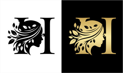 Elegant Letter H Logo with Womans Profile and Leafy Hair Design.
