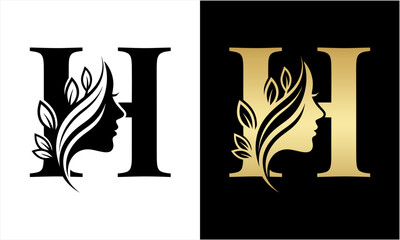 Elegant Letter H Logo with Womans Profile and Leafy Hair Design.