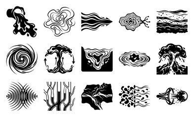 Linocut Style Abstract Fluid Dynamics Graphic Asset Sheet for Earth Science and Energy Design