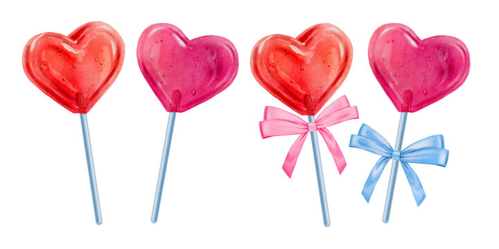 Set of hand painted heart shaped candy lollypop with silk ribbon bow, a cute hand drawn watercolor illustration for Valentine's Day.