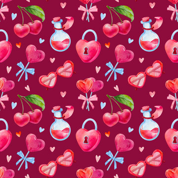 Seamless pattern for Valentines day, cherry, heart shaped candy, heart shaped lock, a cute hand drawn watercolor illustration for Valentine's Day on a dark pink background.
