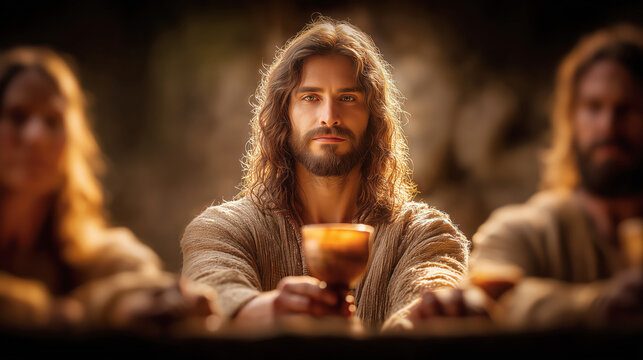 Jesus Christ Holding Cup of Wine, Eucharist, Holy Communion Concept